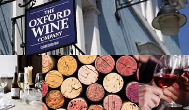 Multiple images; sign, corks, glasses of wine